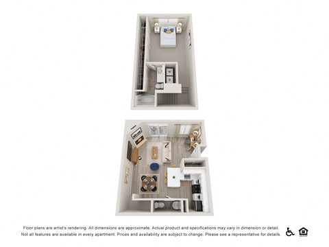 Floor plan for 1 bed, 1.5 baths, 860 sqft